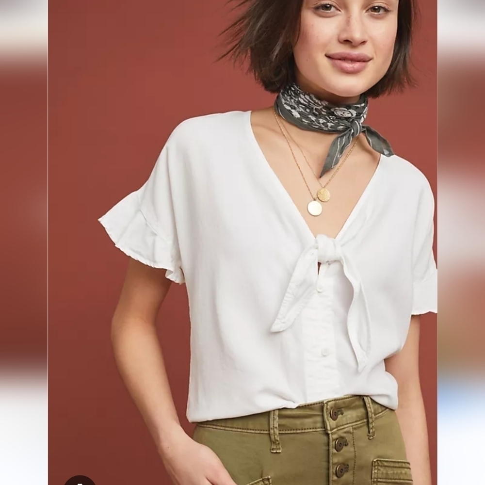 ANTHROPOLOGIE Cloth & Stone White Short Sleeve Button Front Tie Blouse XS